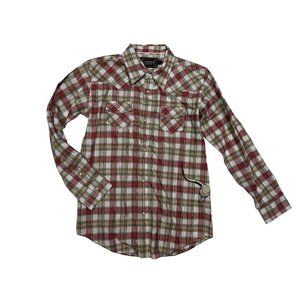 Cowboy Hardware Boys XL 16-18 Pearl Snap Western Shirt Embroidered Skull Plaid